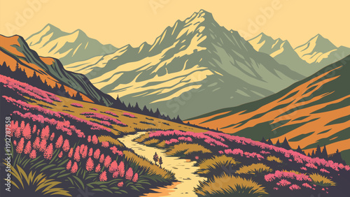 Vintage Style Illustrations: Sunflowers in Tuscany, Cherry Blossom Park, Wildflower Meadows, and Tulip Fields