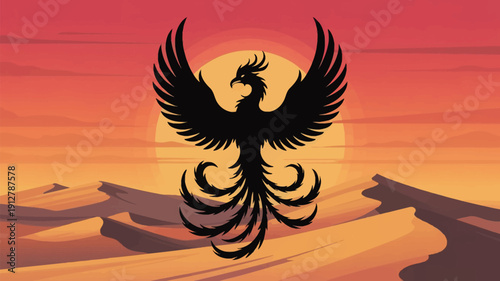 Majestic phoenix rising over desert landscape at sunset with vibrant orange hues
