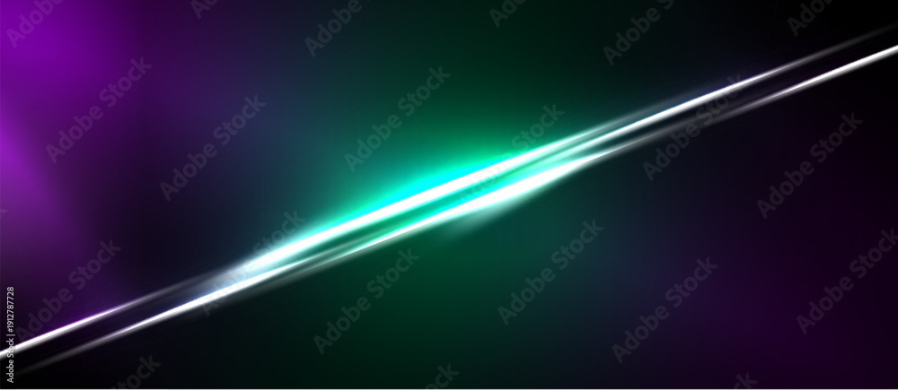 Naklejka premium Abstract background features vibrant purple, green hues. Bright white line diagonally cuts space, creating dynamic visual effect.