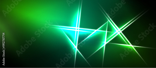 Abstract green background features bright lines intersecting. Vivid glow creates dynamic visual effect. Dark areas contrast light elements.