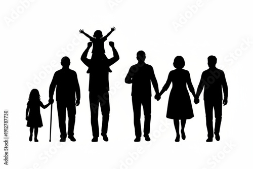 Silhouette of a Family: A timeless silhouette of a multigenerational family, hand in hand, celebrating the bond of kinship. the warmth of togetherness and love's enduring power.