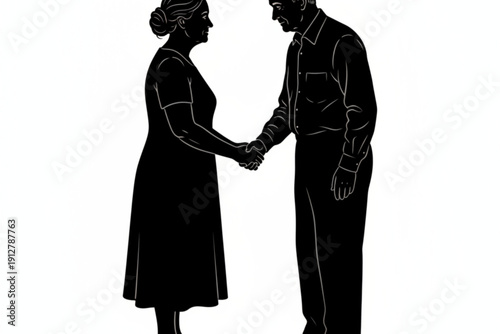 Handshake of Partnership: A simple, striking monochrome depiction of two figures, their hands clasped in a firm handshake, symbolizing a pivotal moment of agreement or alliance. 