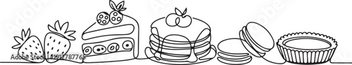 Continuous one line drawing of strawberries, blueberry cake slices pancake macaroon tart.one line victor illustration in white Background