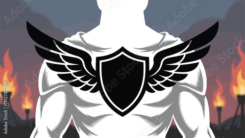 Strong man with shield and wings symbolizing protection and strength