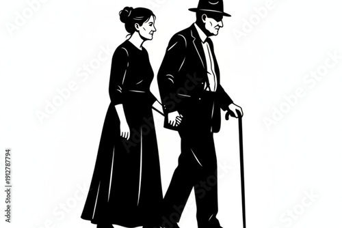 Timeless Bond: Depicting a moment of shared journey, an elderly gentleman, supported by his walking cane, walks alongside a lady, together they stand as a timeless bond.
