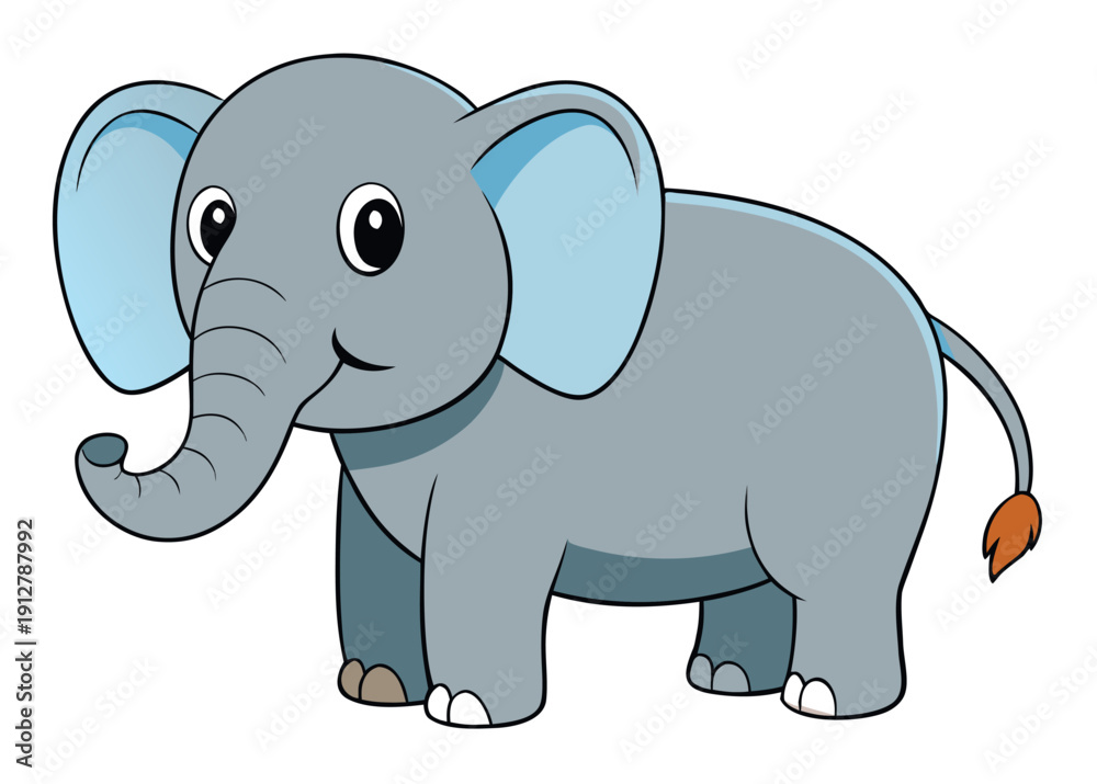 Fototapeta premium Cute cartoon elephant with gray body and blue ears standing on white background portrays playful and friendly expression