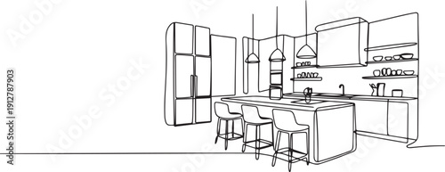 Continuous one line drawing the kitchen room has elegant.one line victor illustration in white Background