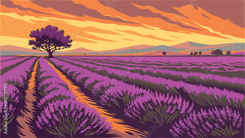 Vintage Style Illustrations: Sunflowers in Tuscany, Cherry Blossom Park, Wildflower Meadows, and Tulip Fields