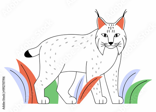 Stylized lynx illustration: minimalist art depicting northern wildlife amid colorful abstract grass and simplified features