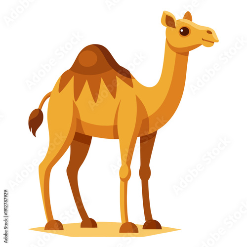 Cartoon camel illustration standing on sand with happy expression and prominent hump in desert setting