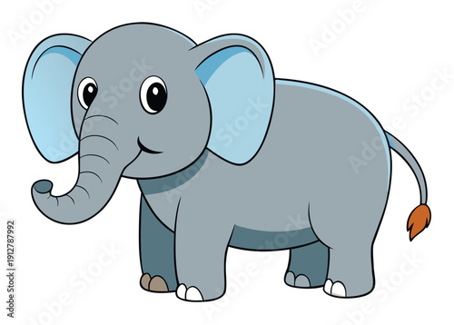 Cute cartoon elephant with gray body and blue ears standing on white background portrays playful and friendly expression