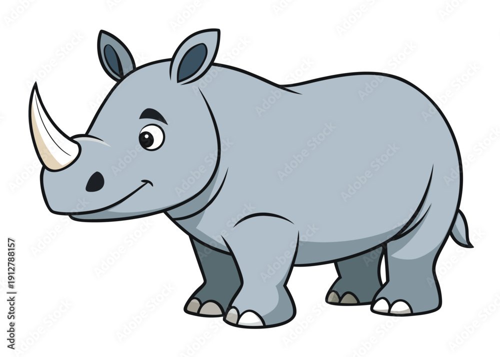 Obraz premium Cute cartoon rhino character smiling with horns and ears on a white background in a simple animal art style