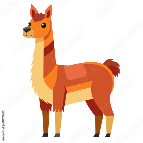 Colorful cartoon llama with cute expression and long neck standing against white background