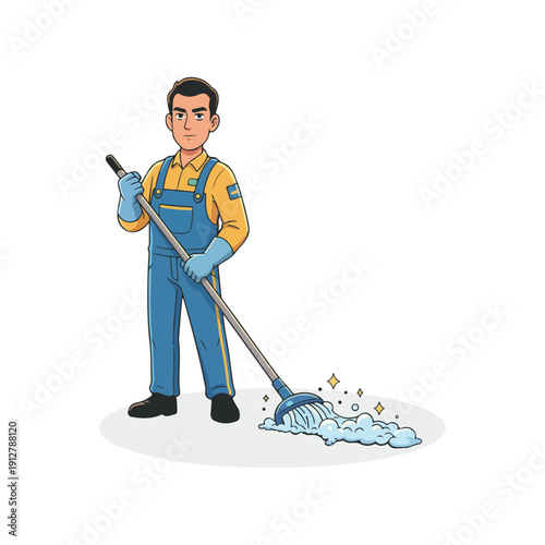 Professional male janitor cleaning floor with mop and soapy water in flat style.