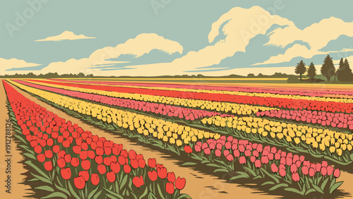 Vintage Style Illustrations: Sunflowers in Tuscany, Cherry Blossom Park, Wildflower Meadows, and Tulip Fields