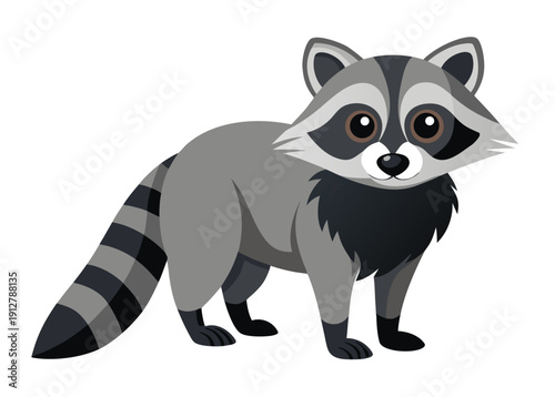 Cute cartoon raccoon with gray fur and striped tail standing on white background in adorable pose