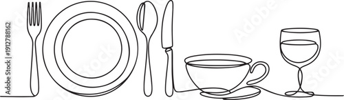 Continuous one line hand drawn of a set of food and drinks featuring Cutlery set, plate, fork, spoon, knife, soup bowl, tea cup, glass of wine isolated.one line victor illustration in white Background