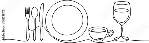 Continuous one line hand drawn of a set of food and drinks featuring Cutlery set, plate, fork, spoon, knife, soup bowl, tea cup, glass of wine isolated.one line victor illustration in white Background