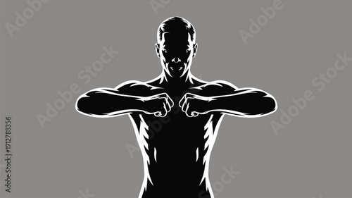 Muscular man with clenched fists in powerful stance