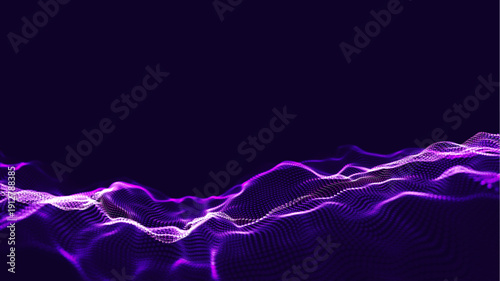 Vector glowing purple wave with motion dots. Abstract digital background. Concept connection big data. Futuristic technology backdrop.