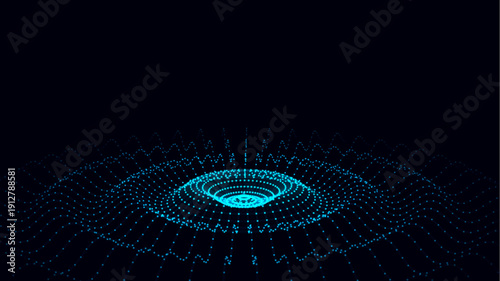 3D futuristic circle wave. Abstract digital background. Glowing music sound wave with dots and lines. Vector technology backdrop with moving blue particles. Graphic effect network connection.