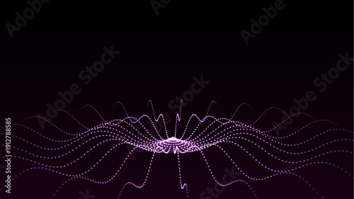 3D futuristic circle wave. Abstract digital background. Glowing music sound wave with dots and lines. Vector technology backdrop with moving purple particles. Graphic effect network connection.