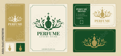 Perfume logo design. Minimalist bottle template. Elegant fragrance brand style. Cologne mockup, product identity. Luxury sign for business card, label or emblem. Vector certificate garish isolated set