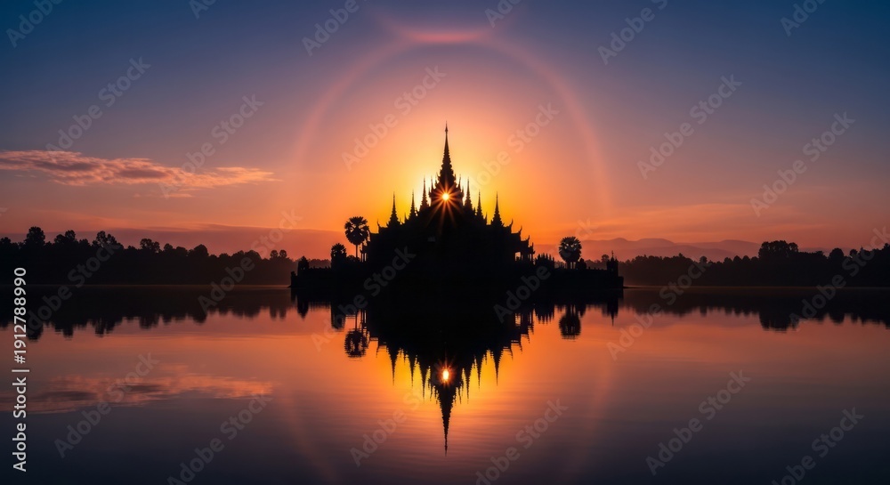 Obraz premium Silhouette of Temple at Sunset. Concept featuring temple, sunset, silhouette, reflection, water.