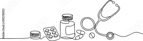 One continuous line drawing of medicine set with pills.one line victor illustration in white Background