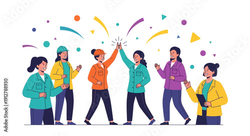 Successful Women in STEM and Industry High-Five: Teamwork, Achievement, and Female Empowerment Celebration Illustration.