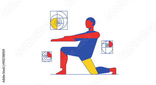 Geometric Fitness Lunge Exercise. Minimalist Vector Illustration of Man Training, Optimized by Fibonacci Golden Ratio Diagrams for Perfect Balance and Form.