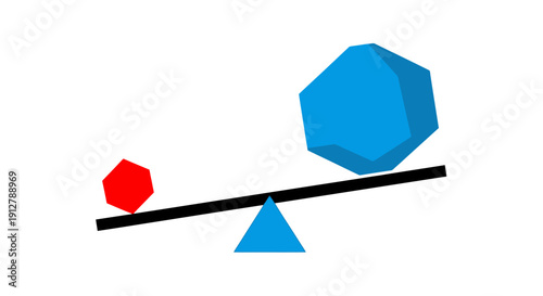 Weight Imbalance Concept: Heavy Blue Object Outweighs Small Red Shape on a Simple Lever Scale Illustration.