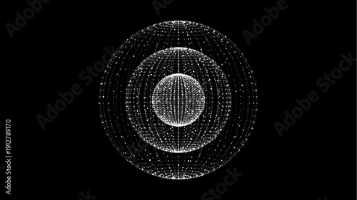 Abstract black sci-fi sphere with particles and lines. Technology network connection on world. Futuristic vector illustration. Global digital connections ai. 3D wireframe geometric sphere.