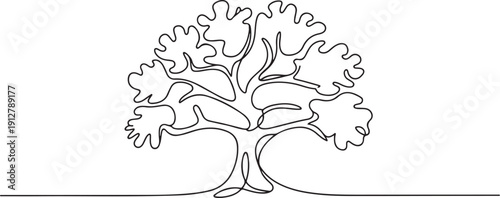 One continuous line drawing of Oak tree vector illustration. Tree plant themes in simple linear style vector design concept.one line victor illustration in white Background