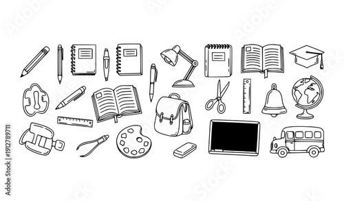 Horizontal Hand-Drawn Back to School Doodle Icon Set Vector Illustration for Classroom Objects