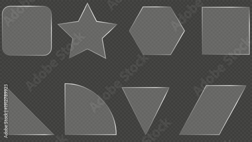 3d liquid glass ui design elements. Vector isolated glass set. Collection of transparent glass and plastic shapes on a transparent background. Realistic shiny banner frame set on transparent backdrop.