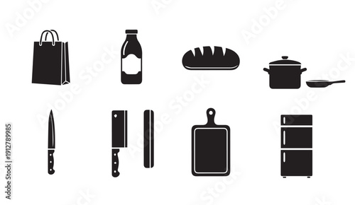 Black kitchen utensils and cooking essentials set on white background