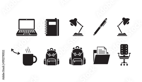 Modern office and study essentials in simple black icons