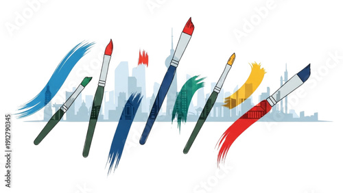 Paintbrushes with vibrant colors arranged in a row against a cityscape background illustration