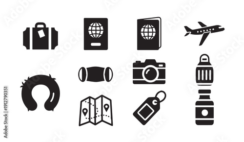 Travel icons set with luggage, passport, and camera