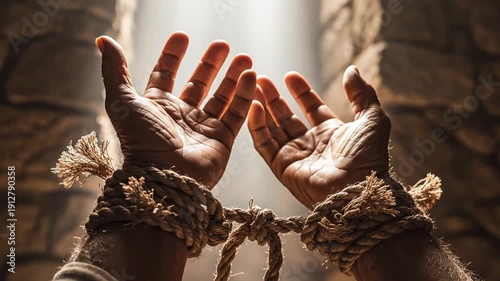 A video shows a pair of hands bound by rope in front of a stone wall background.