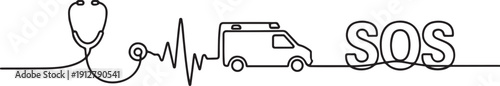 Single one line drawing medical response. SOS concept.one line victor illustration in white Background