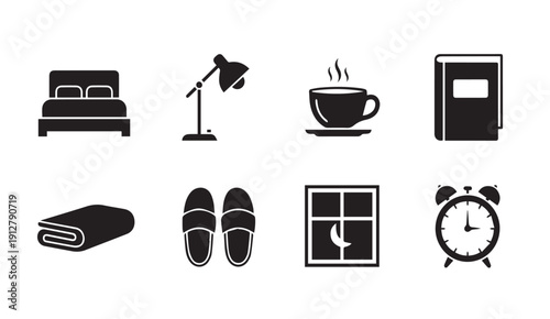 Simple black and white icons set for morning routine and bedroom essentials