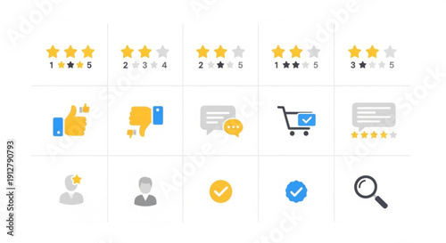 Collection of rating and review icons with shopping and communication symbols on a white background