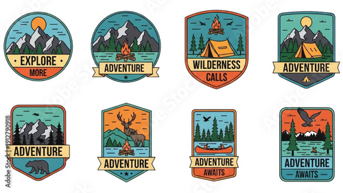Vibrant Adventure Badges Featuring Wilderness Landscapes and Exploration Themes in Various Formats