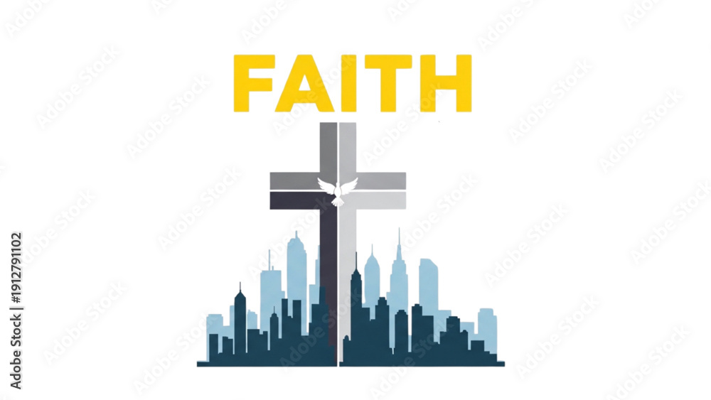Fototapeta premium A cross stands tall amidst a cityscape illustration depicting faith and spirituality in urban environment from a straightforward viewpoint