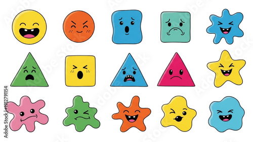 Collection of diverse emoticon shapes with varied facial expressions and colors displayed together in a grid layout