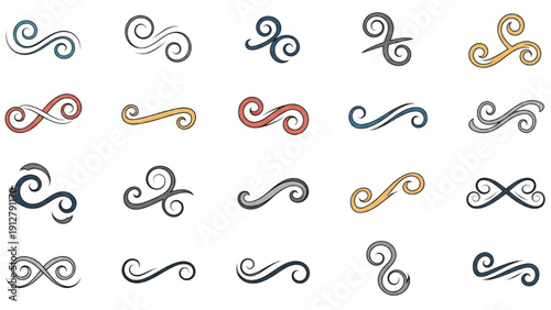 Collection of assorted swirling graphic elements in various colors and styles on a plain background