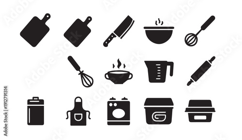 Black kitchen utensils and appliances icons set