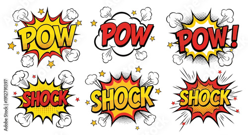 Comic Book Style "POW" and "SHOCK" Sound Effect Explosions with Stars and Smoke
